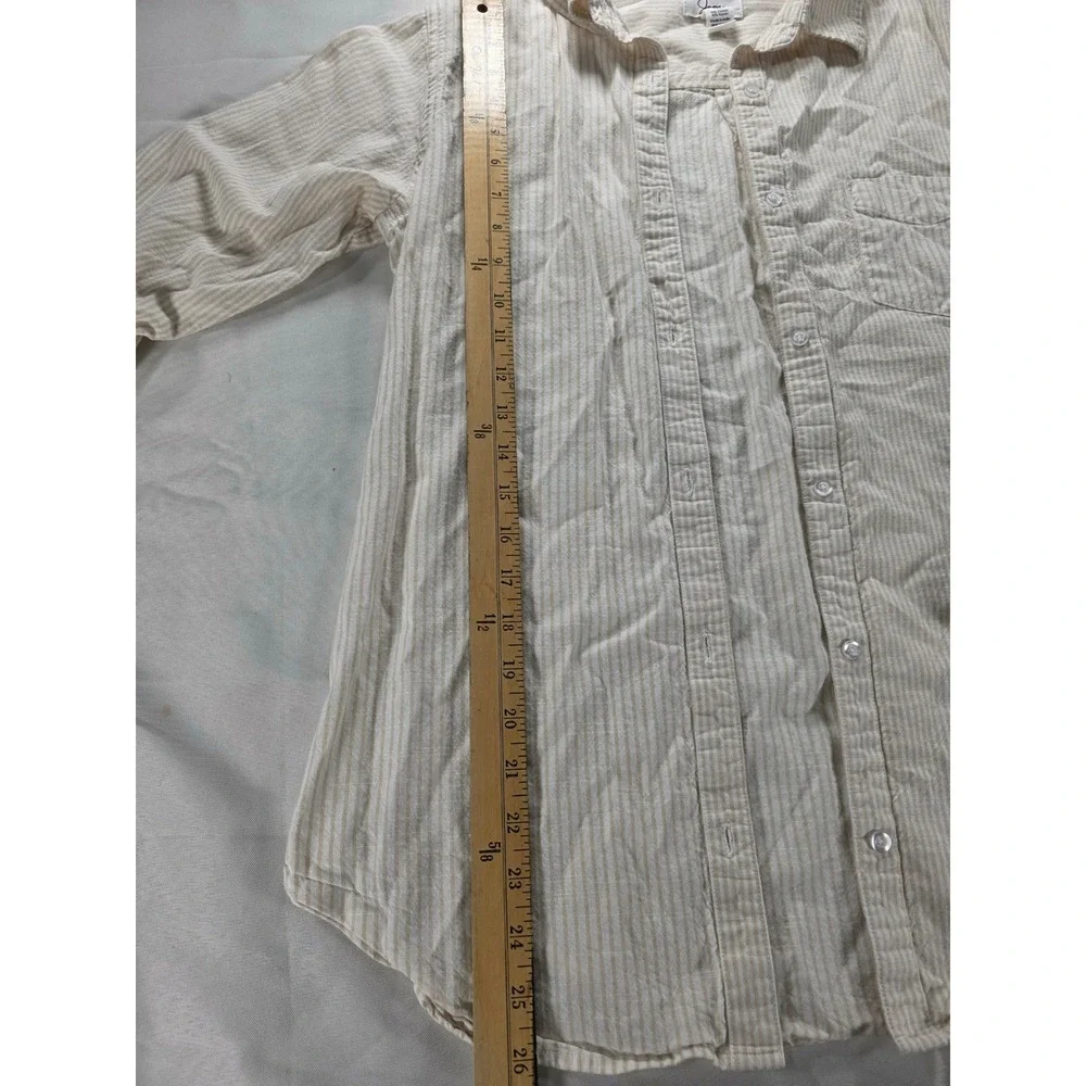 Japna M Tan‎ Beige Striped Boyfriend Button Up Linen Blend Casual Shirt Blouse